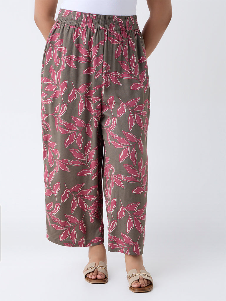 Diza Taupe Leaf Pattern Palazzos