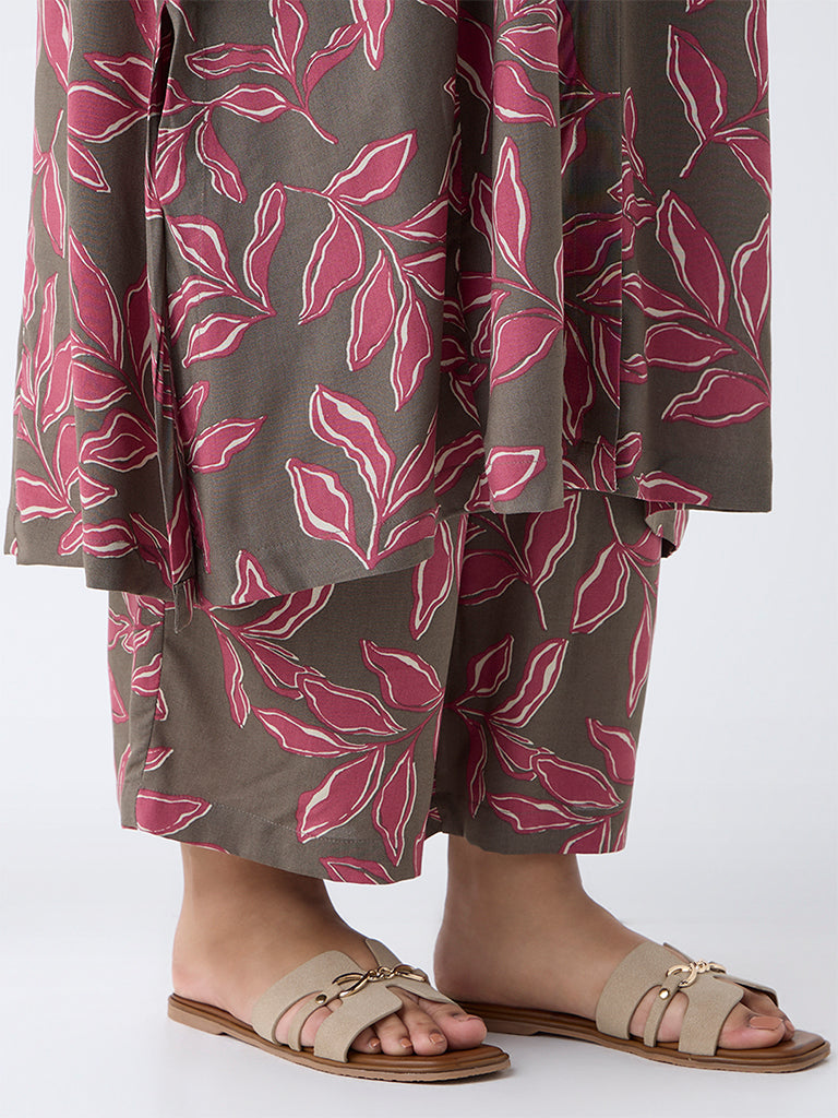 Diza Taupe Leaf Pattern Palazzos