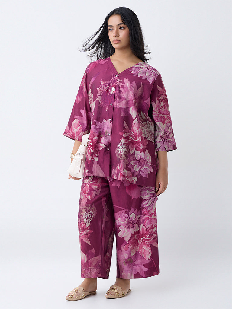 Diza Plum Floral Printed Palazzos