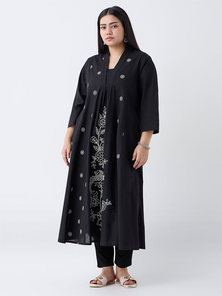 Buy Diza Black Floral Embroidered Cotton A-Line Kurta from Westside