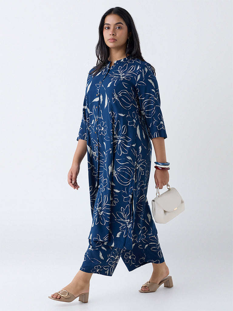 Diza Indigo Floral Design A-Line Kurta