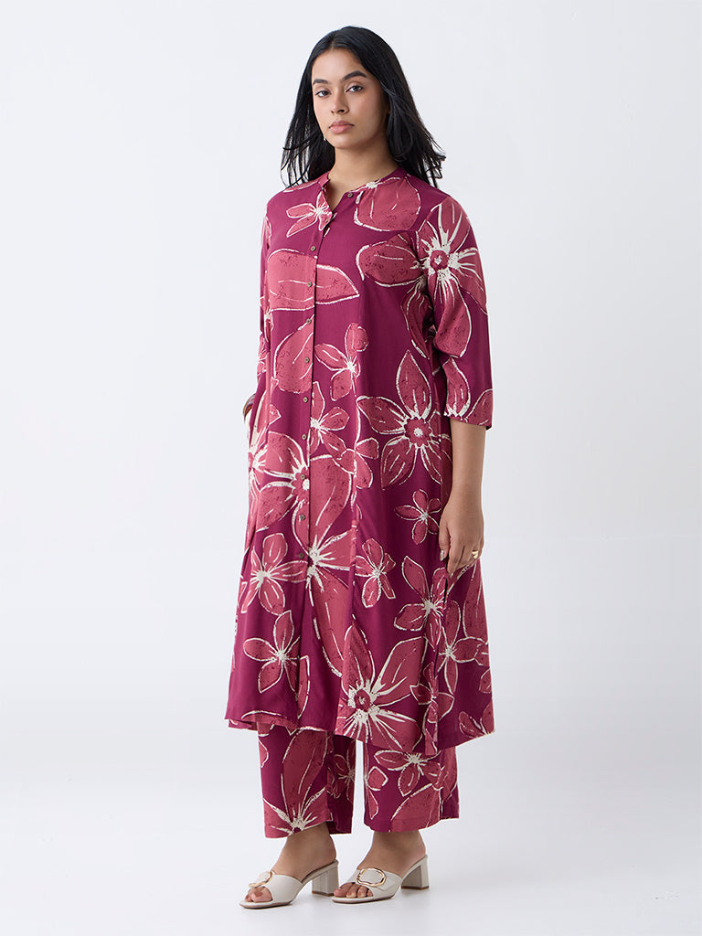 Diza Plum Floral Design A-Line Kurta
