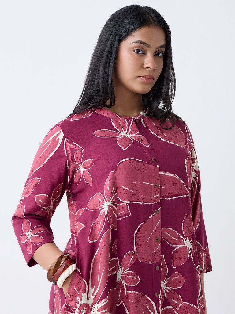 Diza Plum Floral Design A-Line Kurta