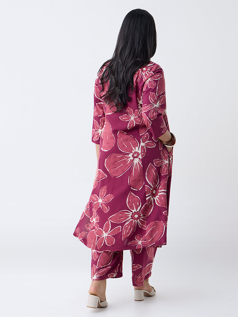 Diza Plum Floral Design A-Line Kurta