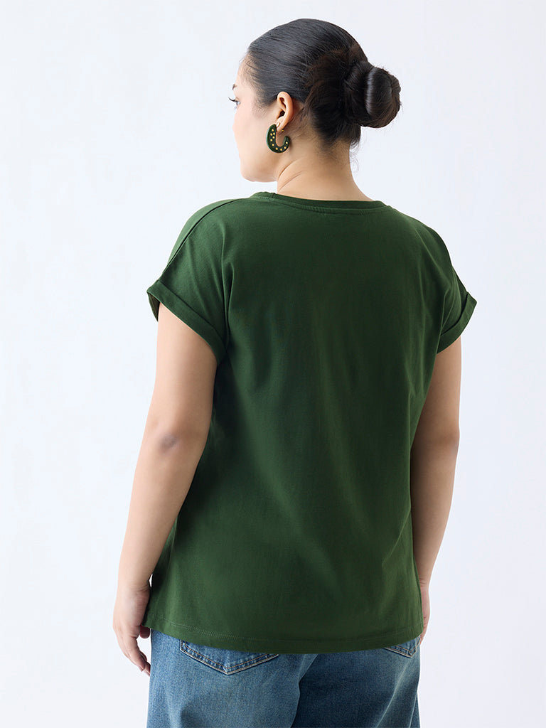 Westside Gia Women's Olive Floral Patterned T-Shirt for Casual Wear Back View