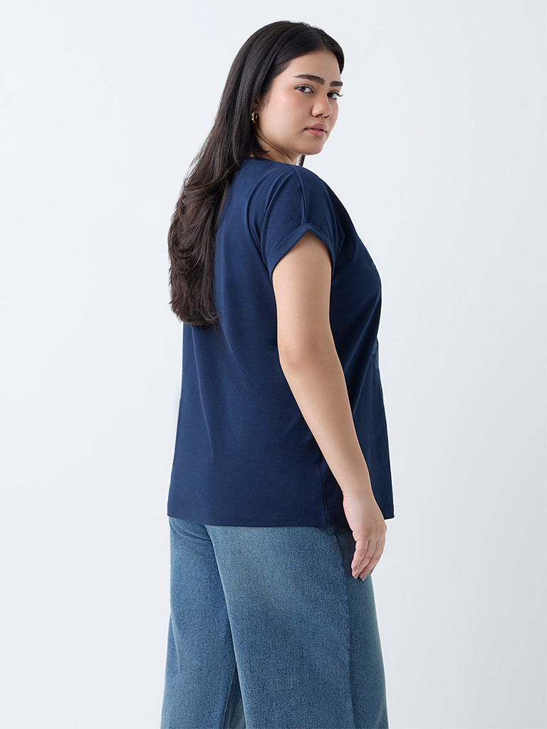 Gia Navy Floral Embroidered Cotton T-Shirt