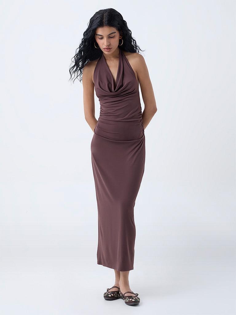 Nuon Dark Brown Cowl-Neck Bodycon Dress