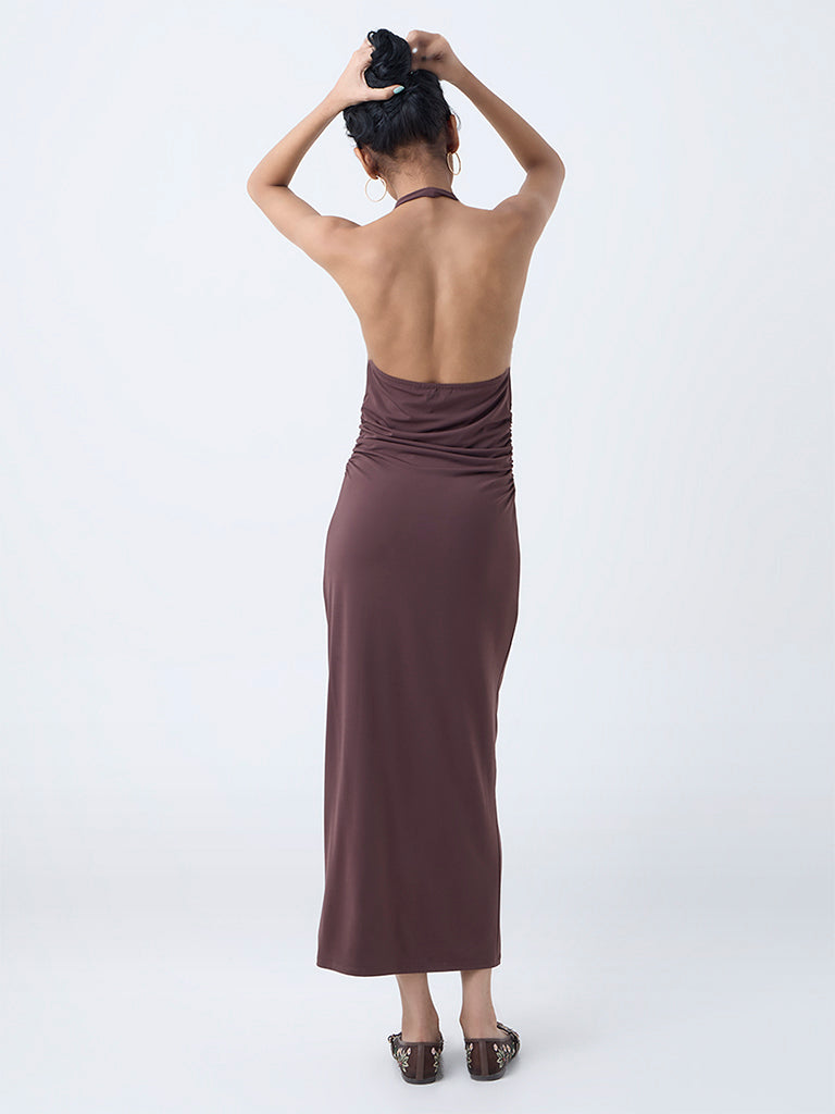 Nuon Dark Brown Cowl-Neck Bodycon Dress