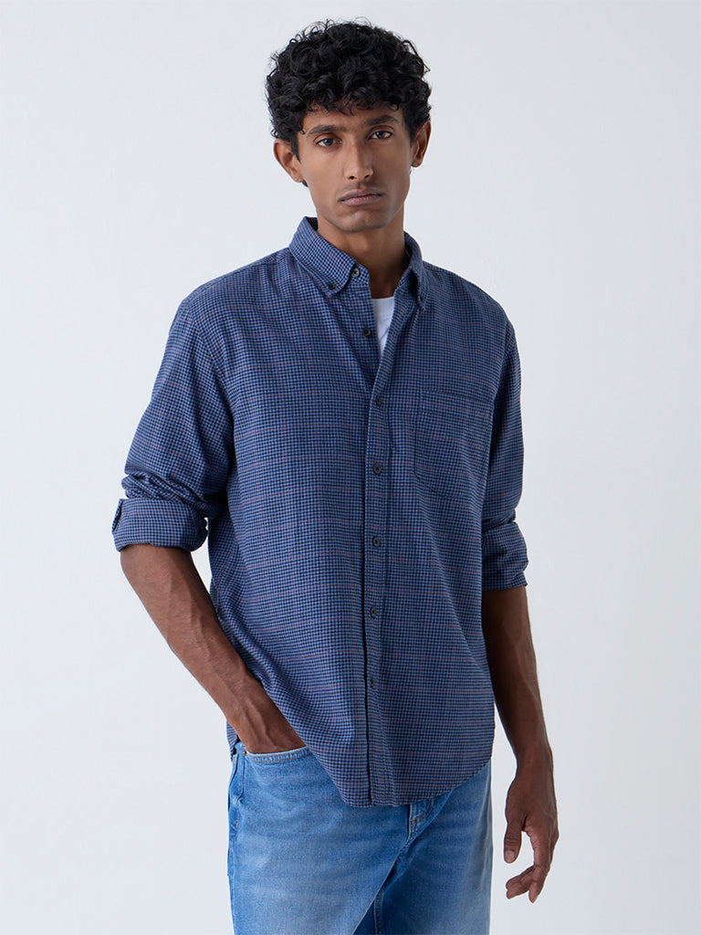 WES Casuals Blue Checks Detailed Relaxed-Fit Cotton Shirt