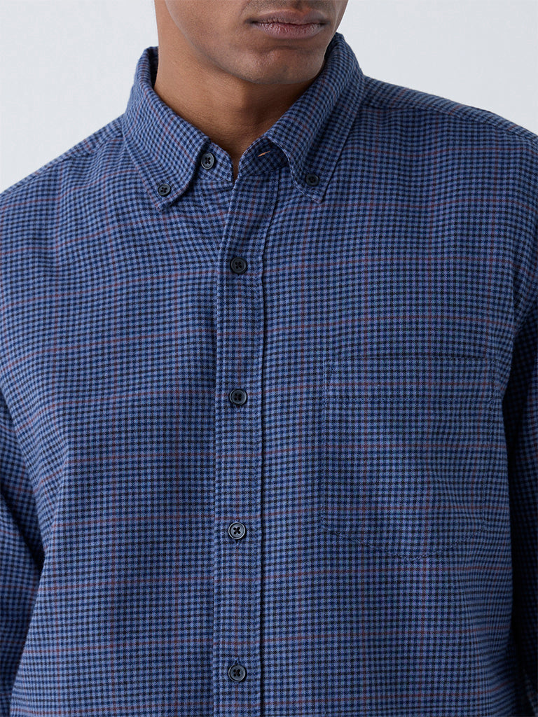 WES Casuals Blue Checks Detailed Relaxed-Fit Cotton Shirt