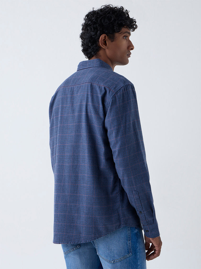 WES Casuals Blue Checks Detailed Relaxed-Fit Cotton Shirt