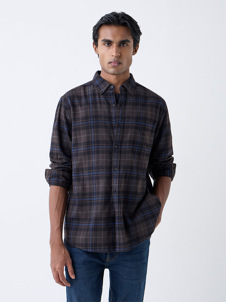 WES Casuals Dark Brown Checkered Relaxed-Fit Cotton Shirt