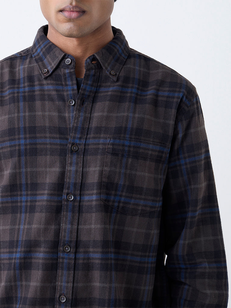 WES Casuals Dark Brown Checkered Relaxed-Fit Cotton Shirt
