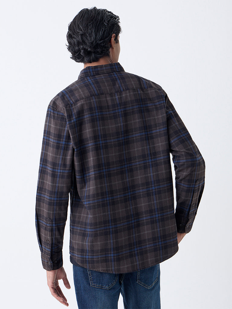 WES Casuals Dark Brown Checkered Relaxed-Fit Cotton Shirt