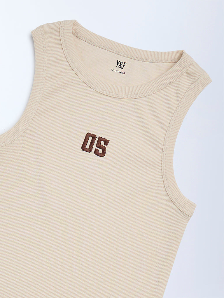 Y&F Kids Girls Beige Ribbed-Textured Cotton-Blend Tank Top