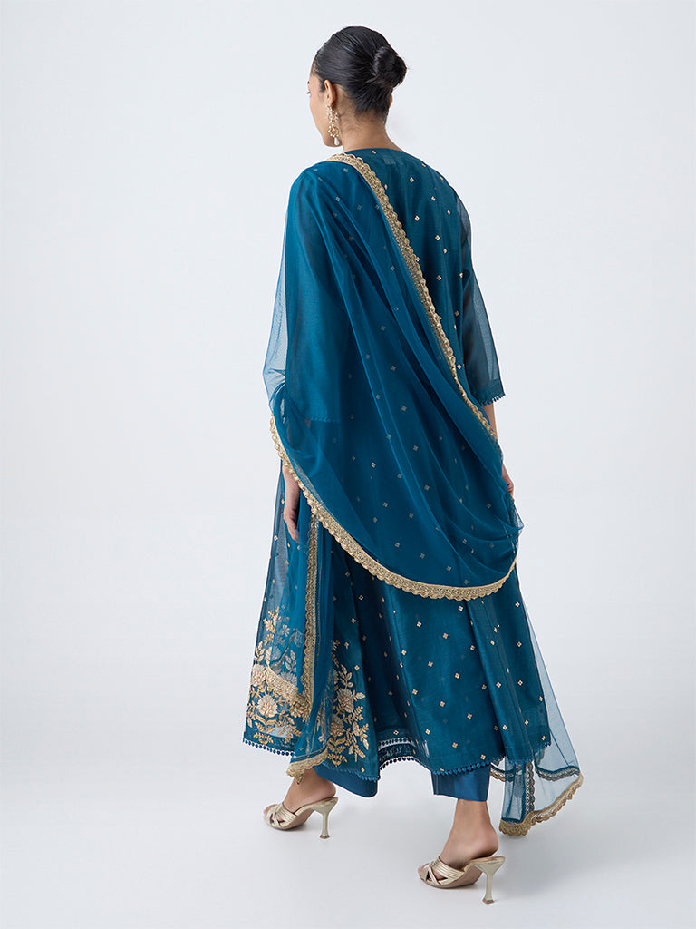 Vark Teal Embroidered Cotton-Blend Anarkali Ethnic Set