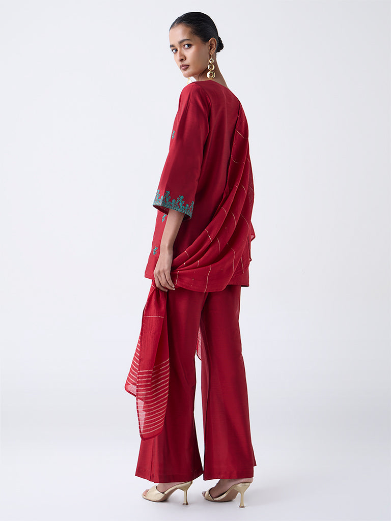Vark Red Floral Embroidered A-Line Ethnic Set