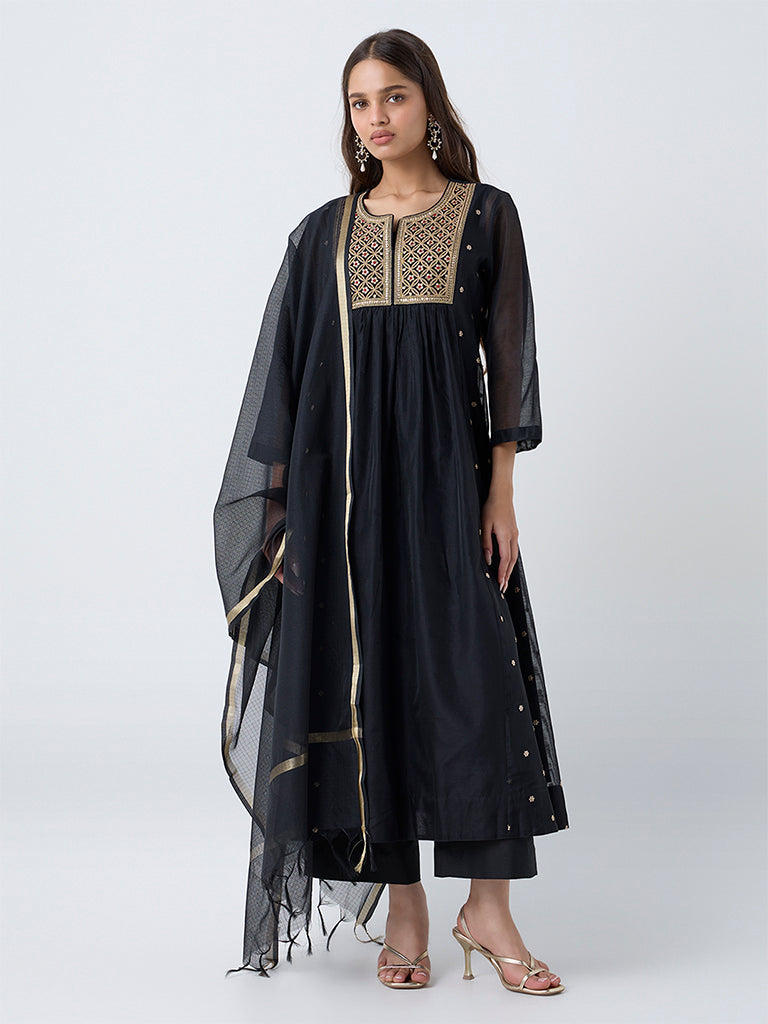 Buy Vark Black Embroidered Anarkali Cotton-Blend Ethnic Set from