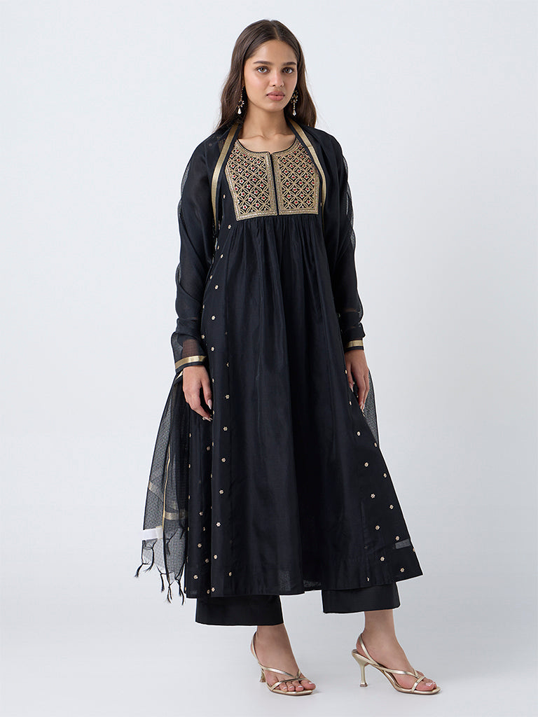 Vark Black Embroidered Anarkali Cotton-Blend Ethnic Set