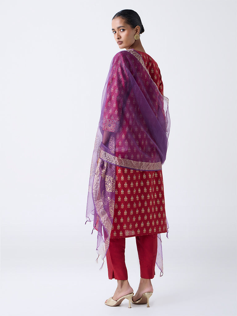 Vark Red Floral Embroidered Straight Ethnic Set