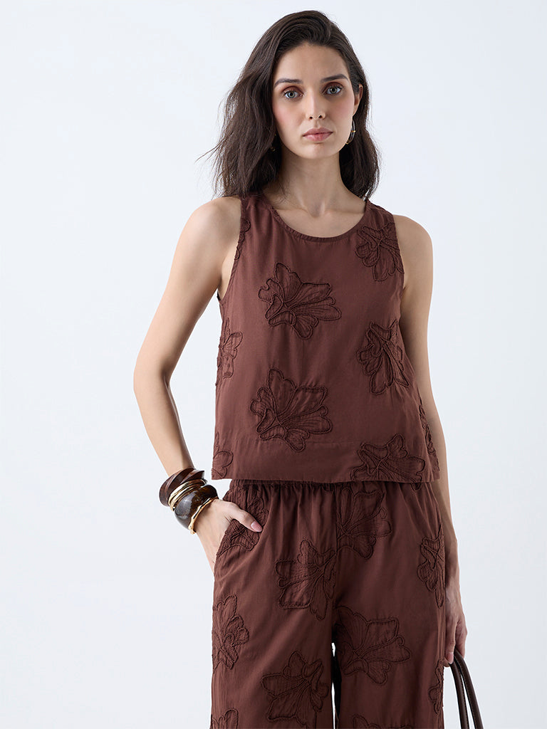 LOV Brown Floral Embroidered Top