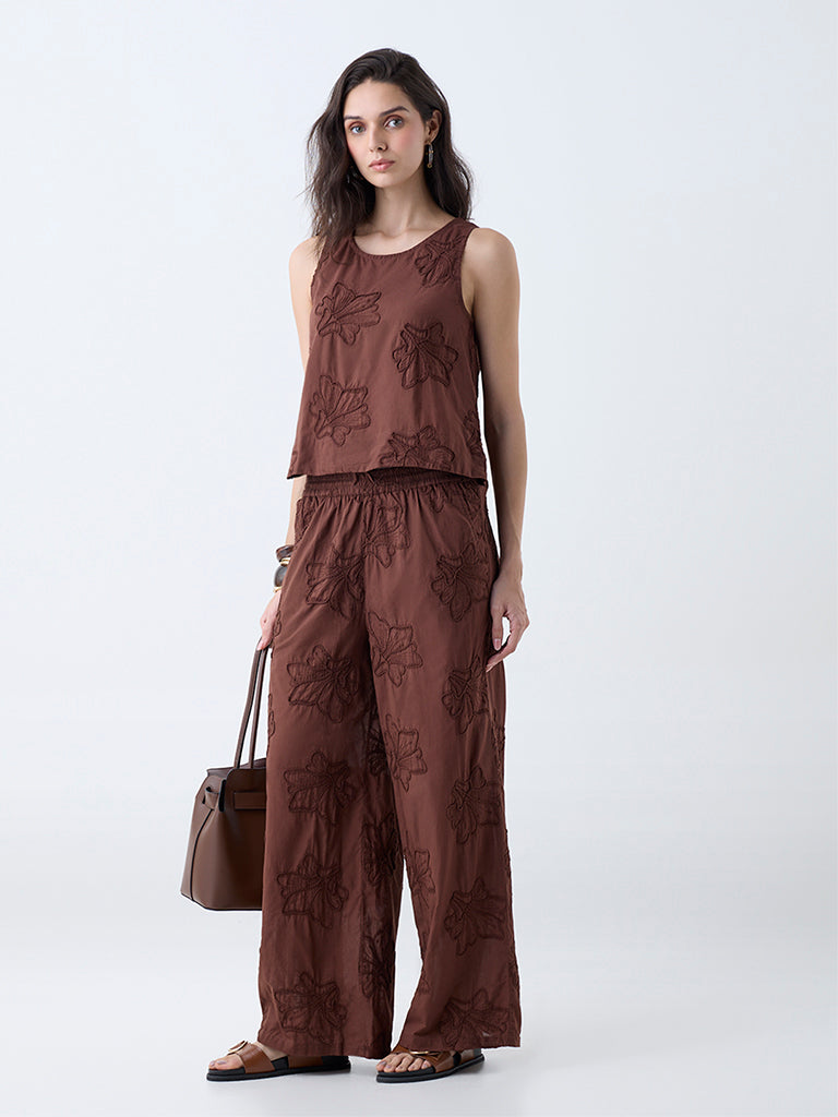 LOV Brown Floral Embroidered Top