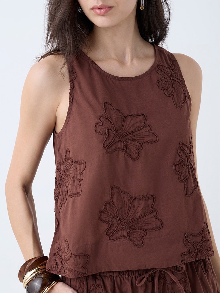 LOV Brown Floral Embroidered Top