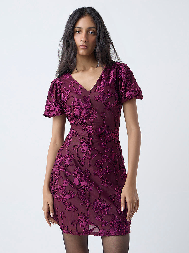 LOV Burgundy Floral Embroidered A-Line Dress