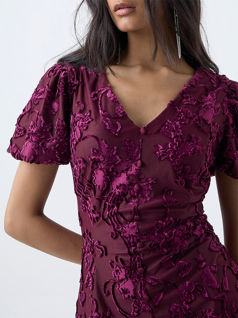 LOV Burgundy Floral Embroidered A-Line Dress