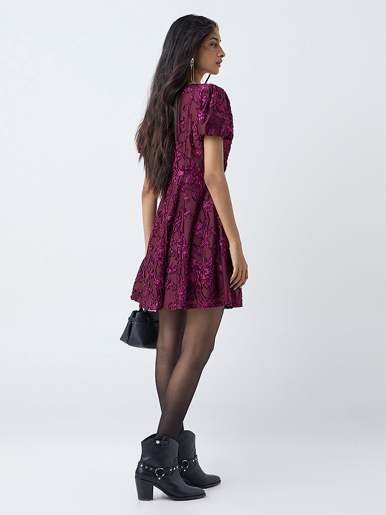 LOV Burgundy Floral Embroidered A-Line Dress