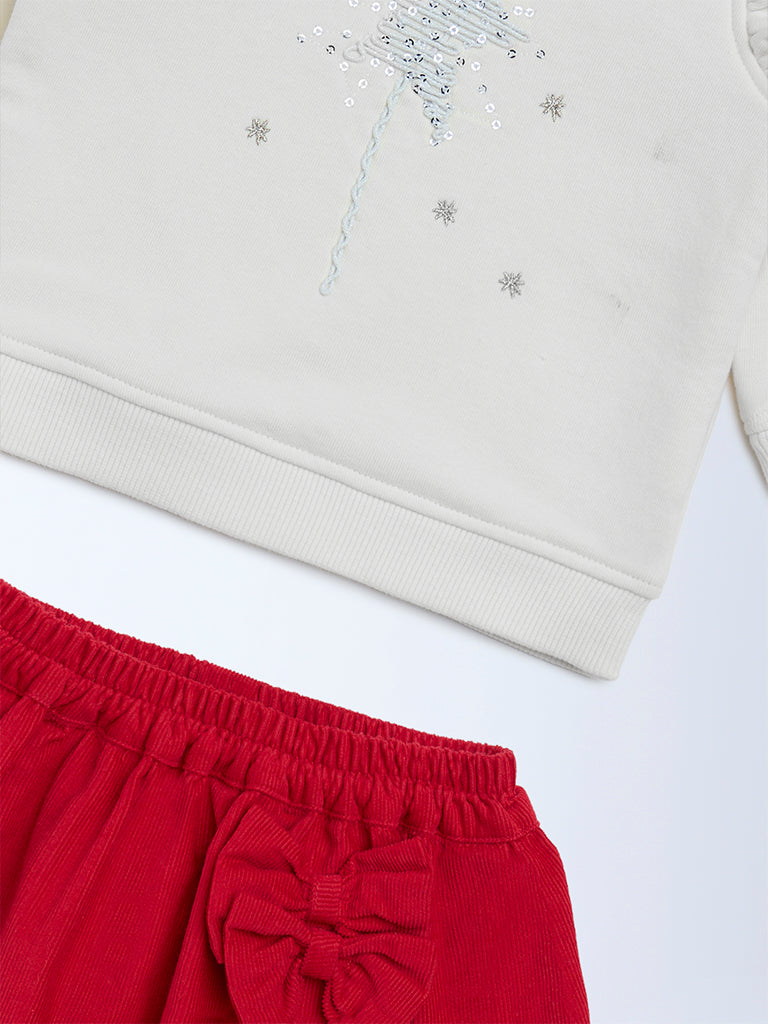 HOP Baby Girls Off-White Embellished Cotton Sweatshirt with Skirt Set