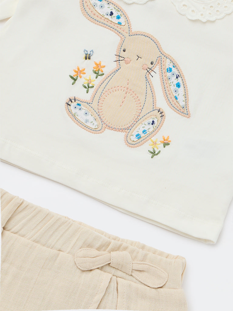 HOP Baby Girls Off-White Cotton-Blend Top with Shorts Set