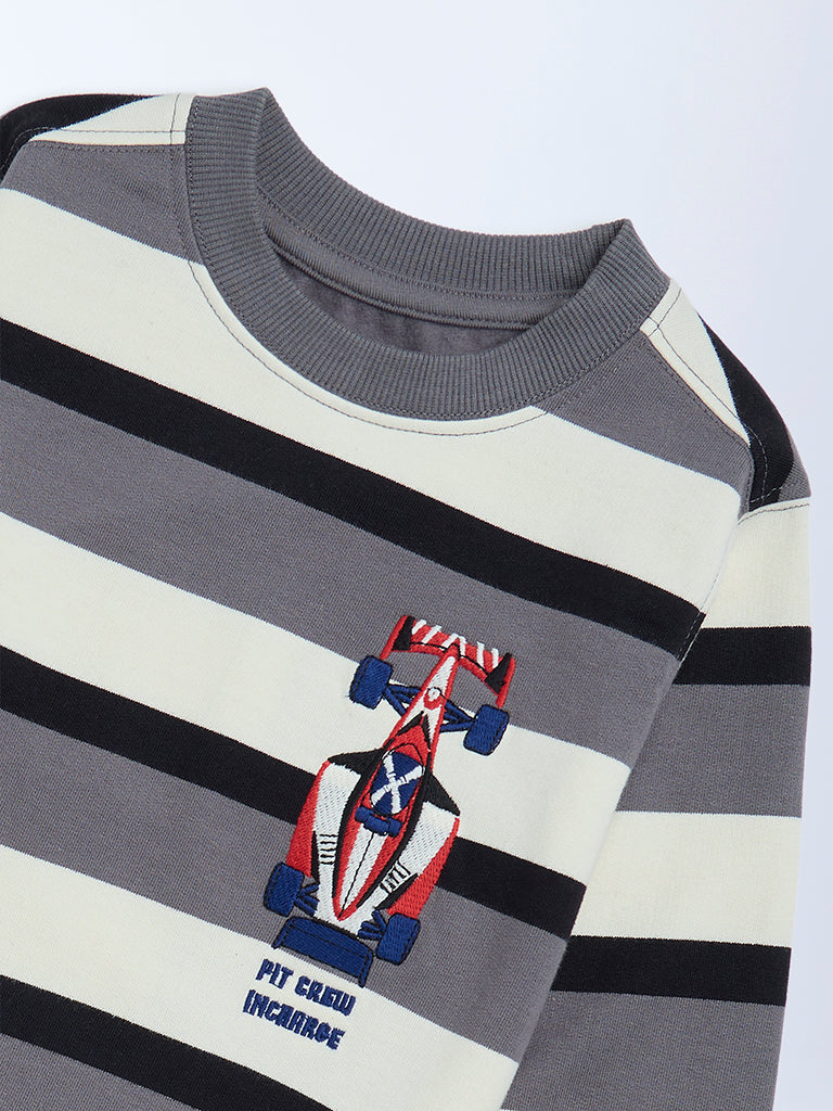 HOP Kids Boys Grey Striped Cotton Sweatshirt