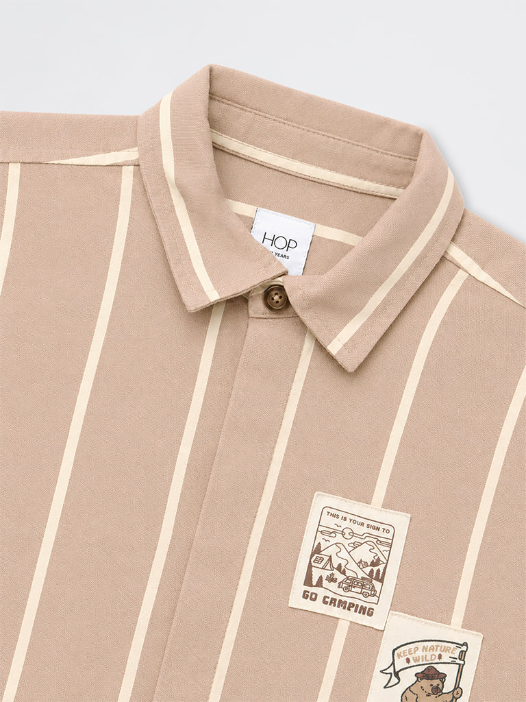 HOP Kids Boys Taupe Striped Cotton Shirt