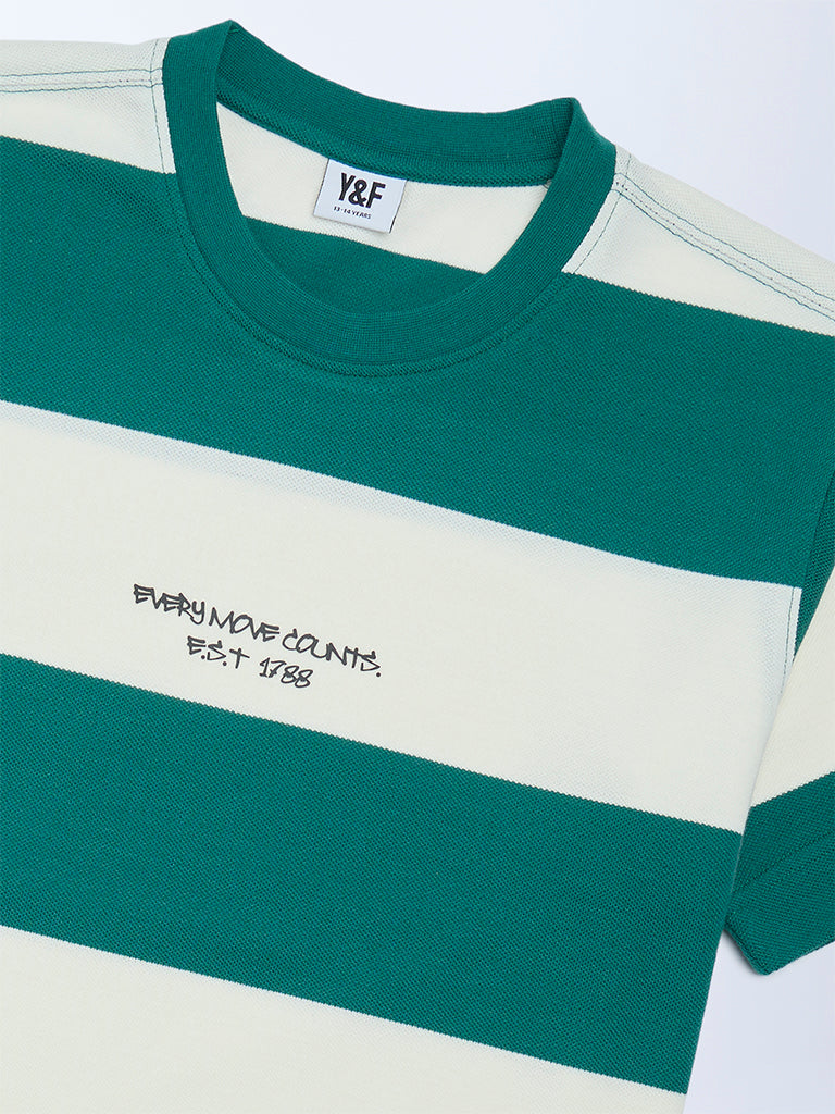 Boys Green Striped Cotton-Blend T-Shirt