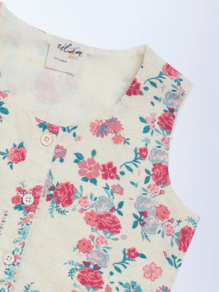Utsa Kids Girls Off-White Floral Cotton-Blend Waistcoat - (2-8 yrs)