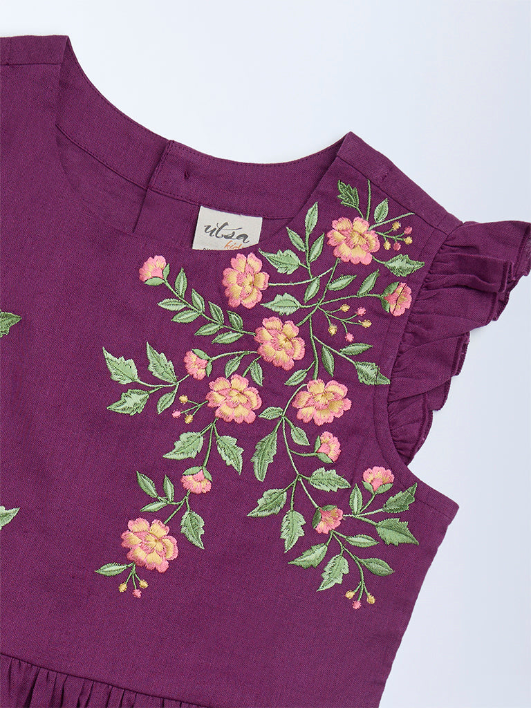 Utsa Kids Girls Purple Floral Embroidered Cotton-Blend Peplum Top (8-14 yrs)