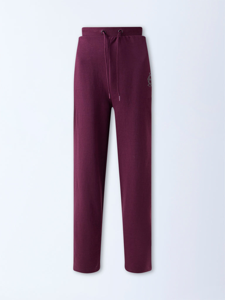 Studiofit Wine Embellished High-Rise Cotton-Blend Pants