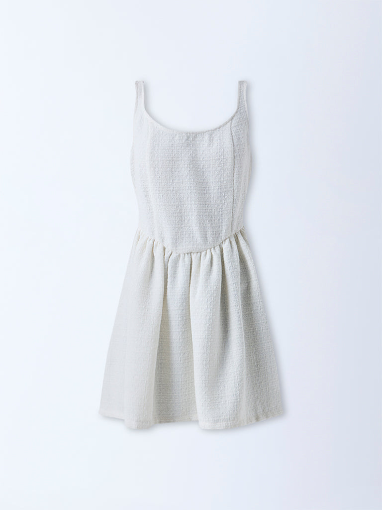 Nuon White Textured A-Line Cotton Dress