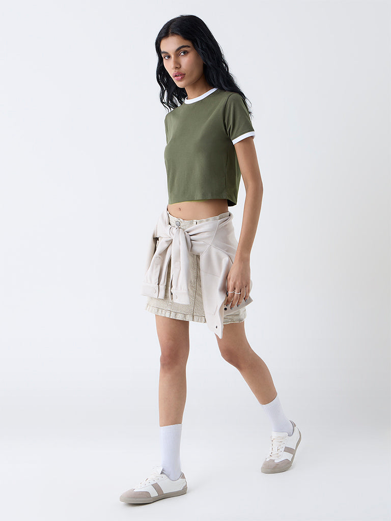 Nuon Olive Solid Cotton-Blend T-Shirt