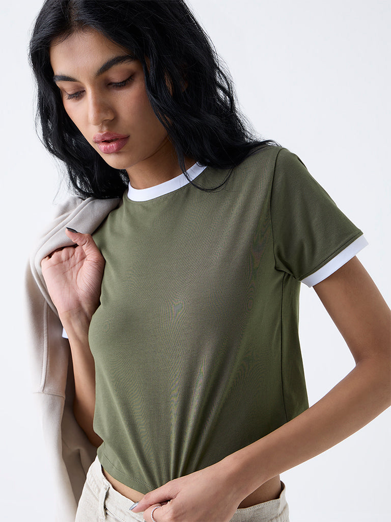 Nuon Olive Solid Cotton-Blend T-Shirt