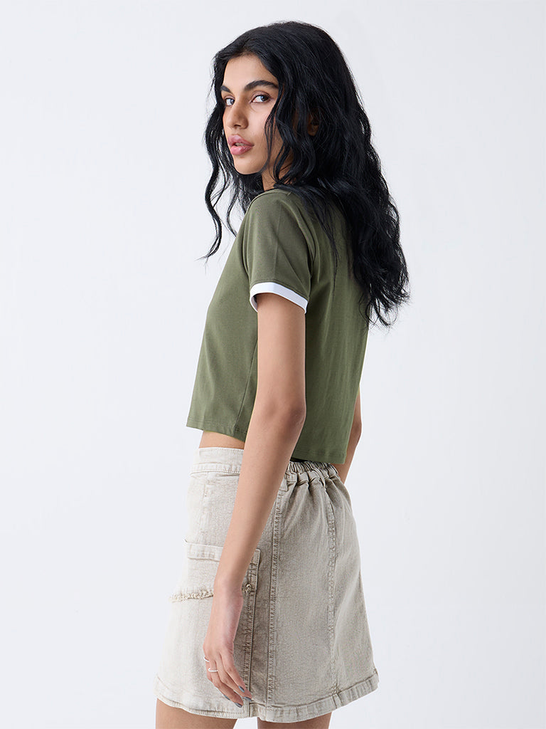 Nuon Olive Solid Cotton-Blend T-Shirt