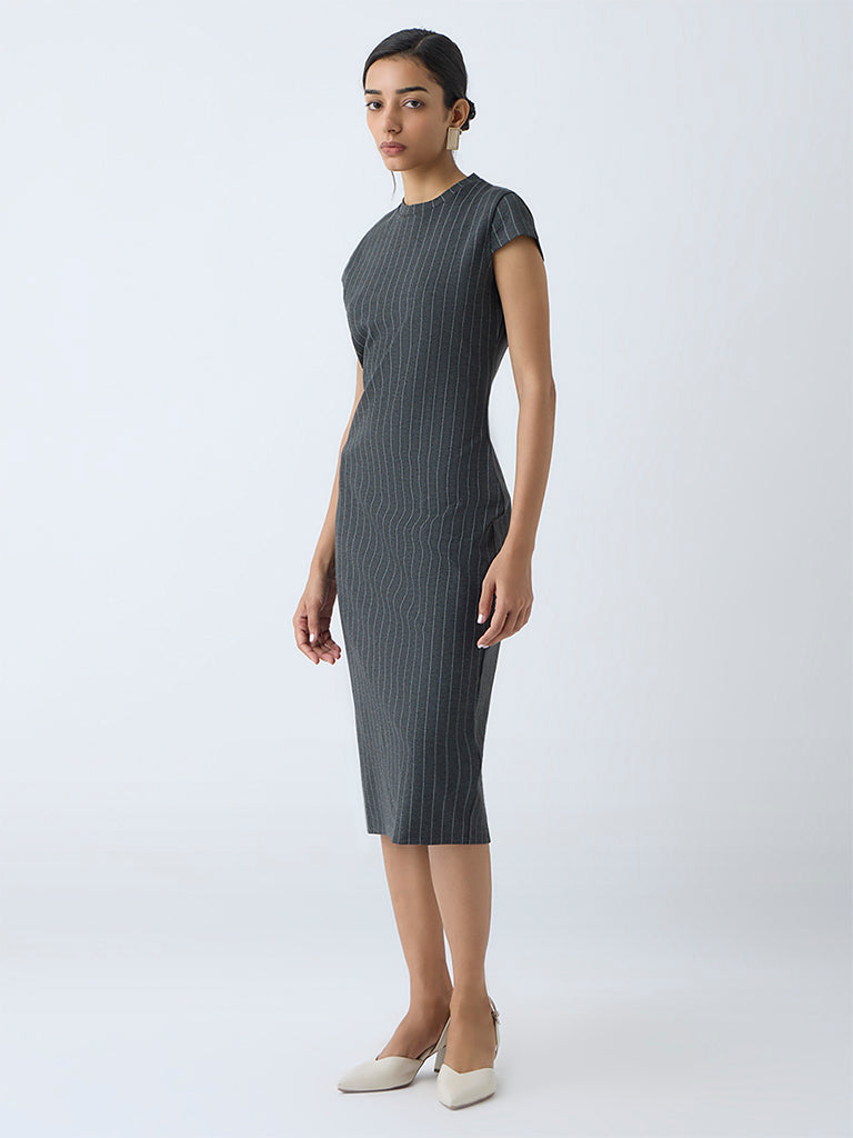formal dress code what may burn in a drag race Buy Wardrobe Dark Grey Pinstriped Straight Dress from Westside