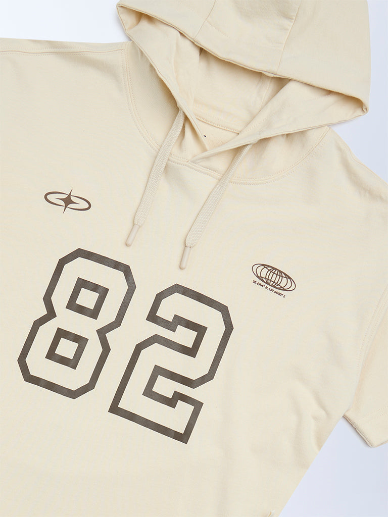 Boys Beige Printed Cotton Hoodie