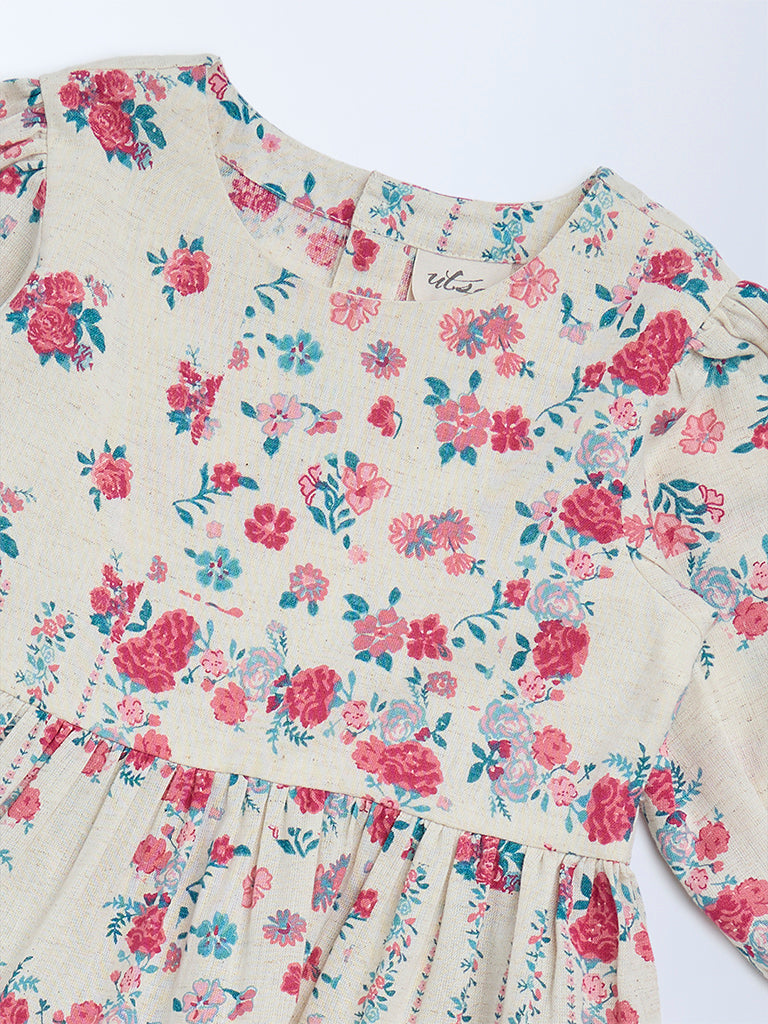 Utsa Kids Girls Off-White Floral Cotton-Blend Tiered Dress - (2-8 yrs)