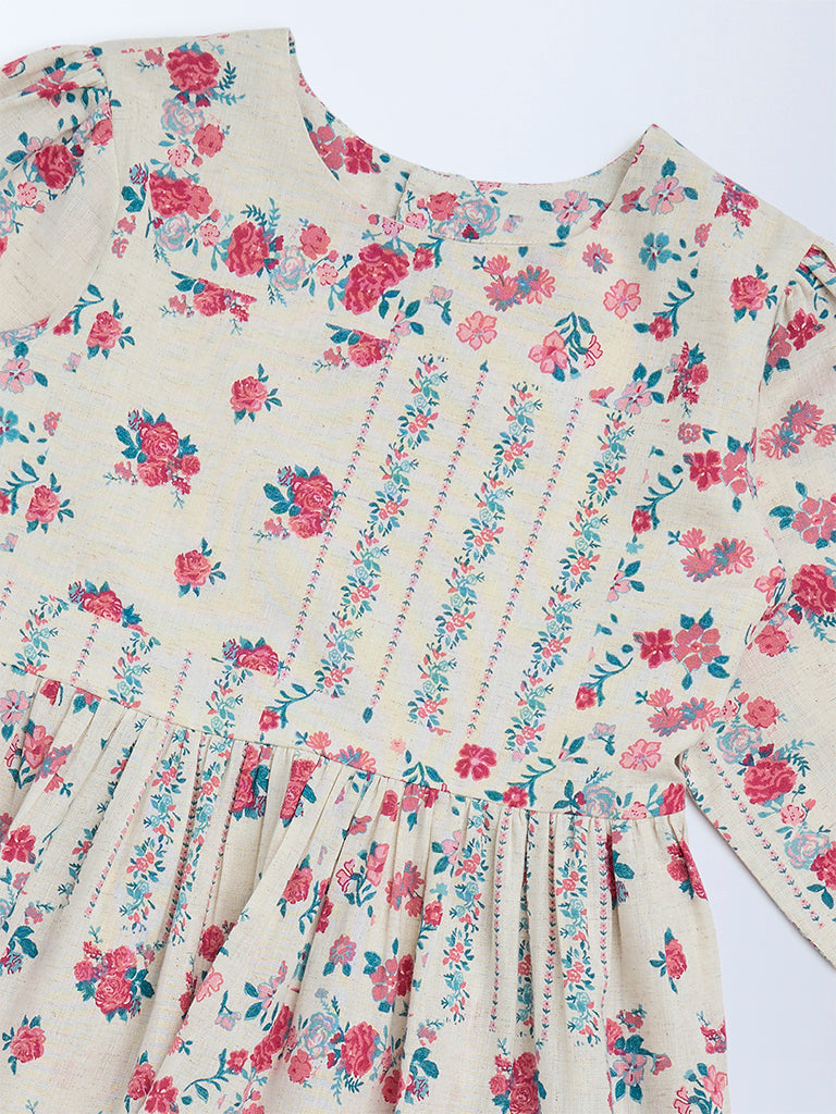 Utsa Kids Girls Off-White Floral Cotton-Blend Tiered Dress - (8-14 yrs)