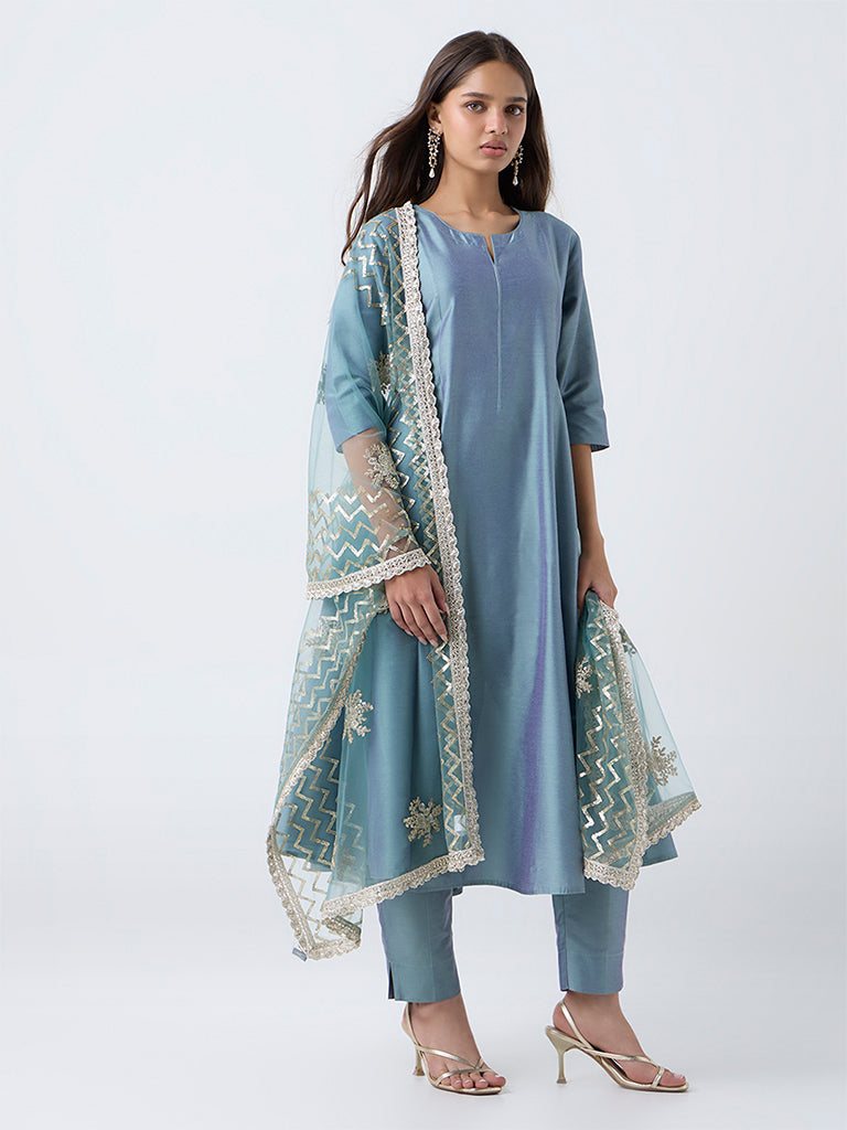 Vark Dusty Blue Anarkali Ethnic Set
