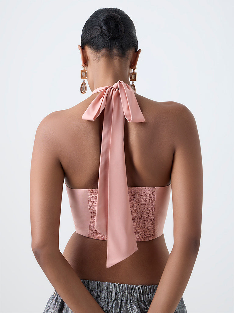 Vark Pink Embroidered Halter-Neck Top