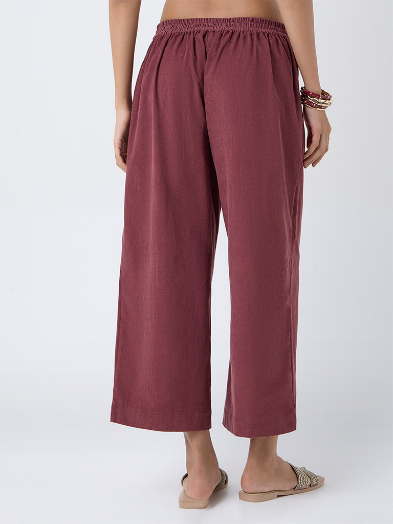 Utsa Maroon Corduroy Cotton Palazzos