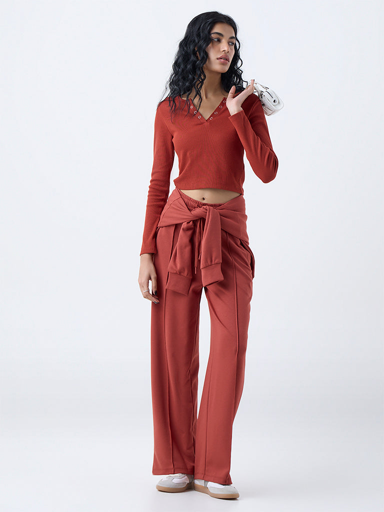 Studiofit Rust Ribbed Cotton-Blend Top